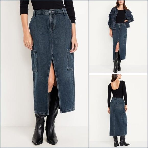 Old Navy 90s Cargo Denim Maxi Ankle Column Skirt Anika 16 Utility Edgy Mid Rise - Picture 1 of 11